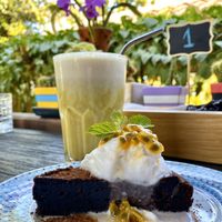 Cake of the day (chocolate cake) and iced golden milk  at Little Good Things in Mae Hong Son