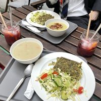 cauliflower soup, leek cream soup and spinach & "cheese" pasta  at Vital Cafe & Bistro  in Gyor