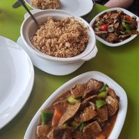 "Beef" satay, double fried rice portion and "beef"/mushroom in black bean sauce at Lotus Vegan Cuisine in Glasgow
