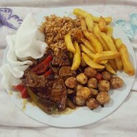 Black pepper beef, salt and chilli balls, fried rice chips n crackers at Lotus Vegan Cuisine in Glasgow