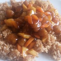 Vegan Kung Po chicken with fried rice at Lotus Vegan Cuisine in Glasgow