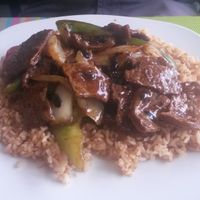 Vegan black bean beef with fired rice at Lotus Vegan Cuisine in Glasgow