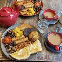 Full vegan fry-up and tea  at Olive's in Norwich
