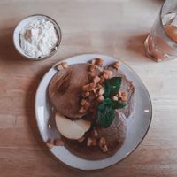 Buckwheat pancakes with whipped cream and sirup at Madam Bakster in Ghent