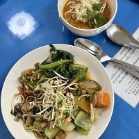 Buffet plate and soup with toppings & noodles   at Khouadin Vegetarian in Vientiane