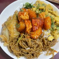 Noodles, tofu sweet and sour, vegetables curry and rice   at Khouadin Vegetarian in Vientiane