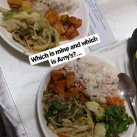 Excuse the text, two plates from the buffet (25k) at Khouadin Vegetarian in Vientiane
