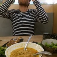Sam loves his fried udon noodles! at SUPE Vegan - Gurney Plaza in Penang