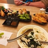 Assorted sushi platter, fried inoki mushrooms, udon noodles (Dec 2019) at SUPE Vegan - Gurney Plaza in Penang