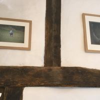 several table in dog room with dog pix on the wall - dogs enter at back courtyard at Ribizli in Wallingford