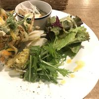 Set main with root vegetable fritters, cabbage and turnip miso soup and sweet potato and broccoli salad hiding in there too at Yidaki Cafe in Kobe