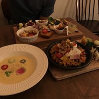Corn soup and vegetable paella at Plus Veganique in Tokyo