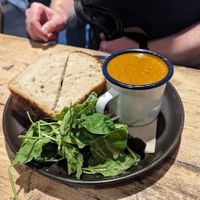 Onion bhaji sandwich with soup at Mill Kitchen in Farsley