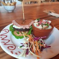 Gluten free special mexican style tempeh burger w/ potato salad at Dandelion Cafe in Saltaire