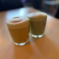 Turmeric latte and matcha & vanilla latte   at Dandelion Cafe in Saltaire