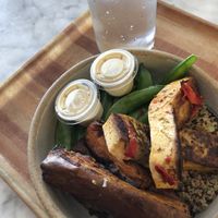 Sweet potato and sugar snaps as sides to tofu over quinoa  at DIG in Rye Brook