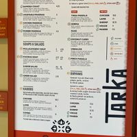 Tarka menu (v is vegan) at Tarka Indian Kitchen in Austin