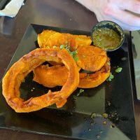 Vegetable pankora with vegan mint chutney at Tarka Indian Kitchen in Austin