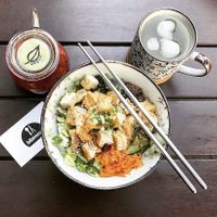 Bowl w/ Tofu & green tea  at Bibimcup in Dusseldorf