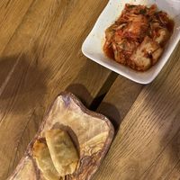 Dumplings and kimchi   at Bibimcup in Dusseldorf