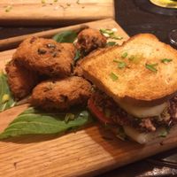 Vegan ‘hamburger’ (not the best choice) and malanga fritters (yum) at El Shamuskia'o in Havana