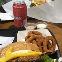 Soy burger and onion rings at Seo Brócolis in Campinas