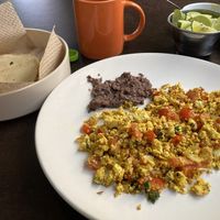 Scrambled tofu, beans and soft corn tacos  at VEGuerrero in Mexico City