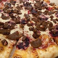 Meat Out Pizza - delicious with beetaroni, seitan sausage, and smoky tempeh  at Li'l Nonna's in Austin