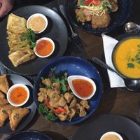 See top to bottom- Sweet potato and corn puffs, garlic rotti, tempura mushrooms, zucchini veg fritters and pumpkin soup (entrees)  at Thai Imperial in Latrobe