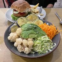 Tempura veg bowl - huge portion but hard to get through with no sauce. Tempura veg wasn’t very crispy, very thin batter.  at Omphalos in Arequipa