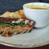 Pepper smoked lentil salad sandwich with carrot puree soup at Curiosi-Tea House in Mankato