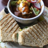 Vegan pozole rojo with a build-your-own sandwich   at Curiosi-Tea House in Mankato