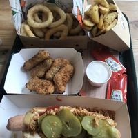 Onion rings, potato wedges, chicken-less nuggets, and a 'hot dog'! at La Trocadero in Barcelona