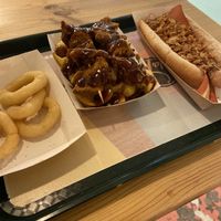 Onion rings, pinchos bbq, hotdog at La Trocadero in Barcelona