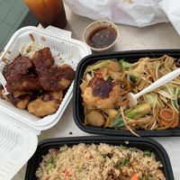 Thai Tea w. Almond Milk, Volcano “Chicken”, Veggie Chowmein & Veggie Fried Rice. at Pineapple Village in Gilroy