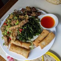 Veggie spring rolls, salt n pep aubergine, chicken satay, seaweed & sweet n sour sauce at Saigon68 in Sheffield