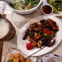 Noodle soup, salt and pepper tofu and delicious aubergine and beancurd in black bean sauce at Saigon68 in Sheffield