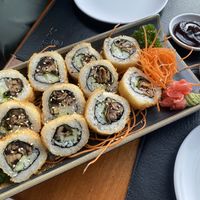 Fuji roll.  Mushrooms, basil, cucumber, sesame seeds, tempura.  Excellent and unusual   at Kappa Sushi in La Fortuna