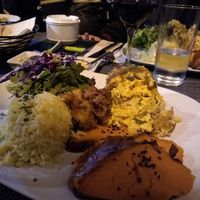 English name was spirit tofu. It came with sweet potato, rice, and salad  at Organi Chiado in Lisbon