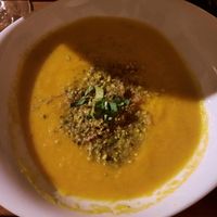 Soup of the day, carrot and pistachio at Organi Chiado in Lisbon