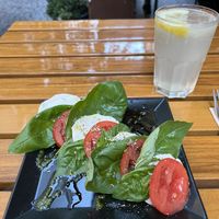 Caprese salad and sparkling lemonade   at Organi Chiado in Lisbon