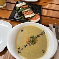 Broccoli soup and caprese salad   at Organi Chiado in Lisbon