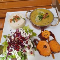 Daal with sweet potato, rice and salad at Organi Chiado in Lisbon
