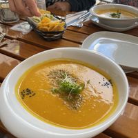 Daily soup - carrot pistacia  at Organi Chiado in Lisbon