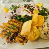 Seitan steaks with rice at Organi Chiado in Lisbon