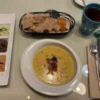 Lentil soup, bread and pate at Organi Chiado in Lisbon