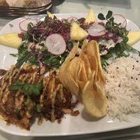 Seitan with rice and salad  at Organi Chiado in Lisbon