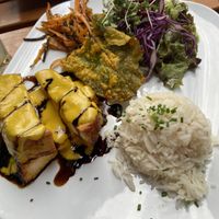 Substitute tofu dish that was delicious- has a mango bbq sauce   at Organi Chiado in Lisbon