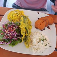 Scrambled tofu, deep fried chard, salad rice and sweet potato at Organi Chiado in Lisbon