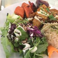 Seitan steak with roasted vegetables,salad and rice at Organi Chiado in Lisbon